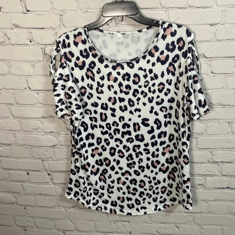 Unbranded Leopard Print Black Pink White Summer Criss Cross Sleeve Blouse